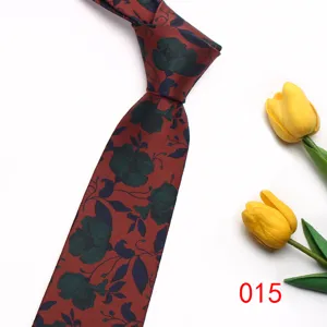Stylish floral necktie with red-brown base and dark green botanical pattern for men.