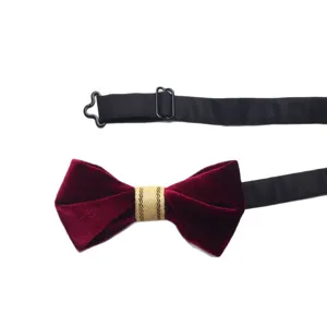 Burgundy velvet bow tie for men, elegant formal and casual suit accessory with adjustable strap.