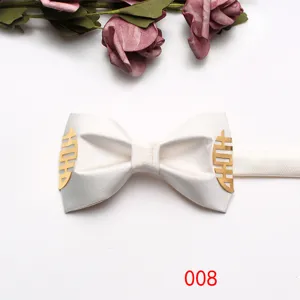 White satin wedding groom bow tie featuring gold double happiness symbol for formal suits.