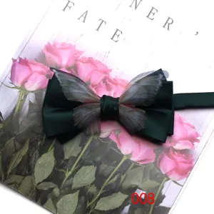 Dark green bow tie detail showcasing translucent butterfly wing design for unique banquet wear.