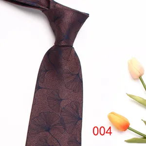 Men's brown business formal necktie with elegant ginkgo leaf jacquard pattern 8cm width.