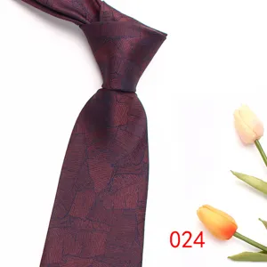 Burgundy jacquard silk necktie detail, business formal 8cm tie with leaf pattern design.