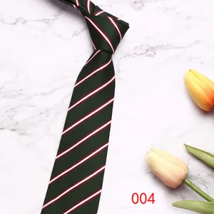 Detail shot of dark green men business necktie with classic red white diagonal striped pattern.