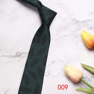 Dark green men's business tie with leaf pattern detail, elegant polyester fabric style.