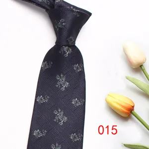 Men's formal business striped tie with elegant jacquard floral pattern in dark navy blue.