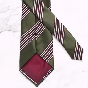 Close-up detail view showing the olive green and burgundy striped men's necktie fabric and lining.