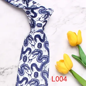 Stylish men's printed necktie featuring traditional Chinese dragon pattern, white and blue.