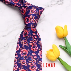 Men's printed necktie featuring a vibrant floral pattern on dark blue. Detailed view.