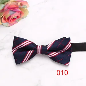 Detail view of a classic navy blue British striped men's bow tie, perfect for business and weddings.