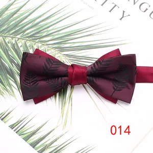 Wine red double layer bow tie with black fern leaf print for men wedding party formal wear.