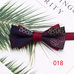 Men double layer bow tie, Chinese style floral embroidered necktie, detail view navy and wine red.