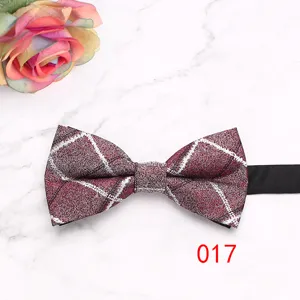 Classic men's plaid bow tie in burgundy with a black strap, perfect for formal events.