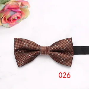 Men's stylish brown plaid bow tie for business wedding suits, classic fabric neckwear.