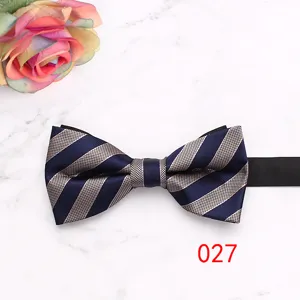 Classic men's navy blue striped bow tie, elegant wedding and business suit accessory.