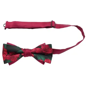 Men's wine red double layer bow tie with black floral pattern, perfect wedding suit accessory.