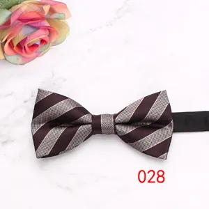 Mens classic striped bow tie for business and wedding suits, elegant brown and silver design.