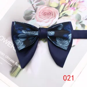 Men blue double layer bow tie detail, retro floral pattern satin formal neckwear.
