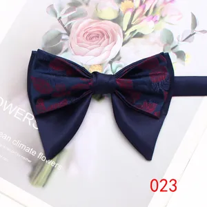 Men dual layer navy blue bow tie with red leaf pattern vintage wedding party suit accessory