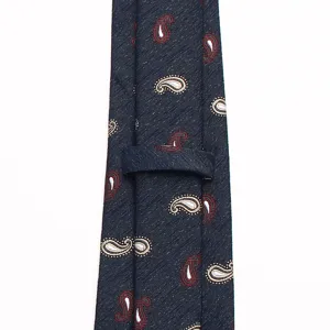 Detailed view of navy blue mens paisley necktie with classic vintage patterns and fine texture.