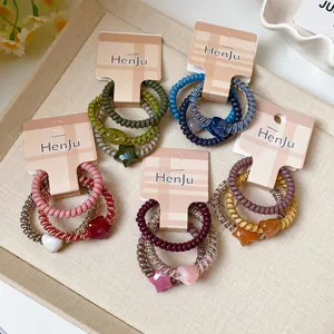 Acrylic Spiral Hair Ties Heart Star Pendant Telephone Cord Hair Rings Cute Elastic Hair Bands For Women Girls
