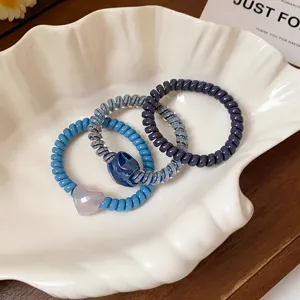 Blue phone cord hair ties set cute heart pendant aesthetic hair rope for women girls 3pcs