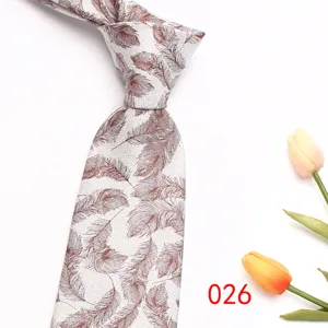 Men stylish feather pattern necktie detail view, elegant business casual suit tie accessory.