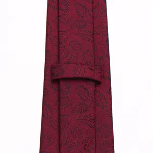 Men business formal jacquard necktie in dark red with black leaf pattern, detailed back loop view.