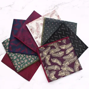 Men polyester pocket square suit handkerchief set, multi-color geometric feather prints.