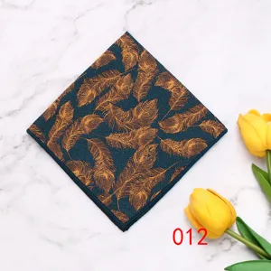 Men's polyester pocket square suit handkerchief with gold feather pattern, detail view.