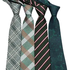Men's green tie set featuring classic plaid, stripes and floral patterns for business style.