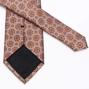 Men's floral necktie golden brown silk business wedding formal suit close detail view