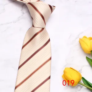 Detailed view of the elegant beige striped men necktie, featuring classic diagonal stripe texture.