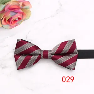 Detailed view of classic burgundy and silver striped men's bow tie with neat fabric texture.