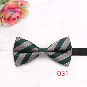Classic men's striped bow tie in deep green and silver, perfect for business and formal wear.