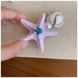 Purple starfish hair clip with pearl seashell and blue crystal, ocean resort duckbill pin