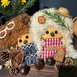 Handmade pine cone doll charm detail, cute DIY craft miniature ornament for gifts.