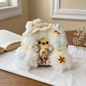 Handmade fluffy plush doll pendant cute white bear toy with decorative flowers and mini hat detail