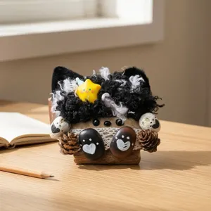 Handmade Yunnan entada seed pod doll ornament detail, cute creative desktop decor plush craft.