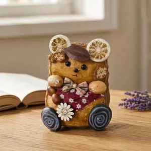 Handcrafted bean pod doll ornament, cute animal design made from natural dried plants for home decor.