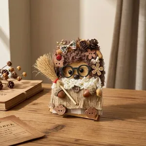 Handmade wooden hedgehog doll detail, cute desktop ornament with pinecone and natural material.