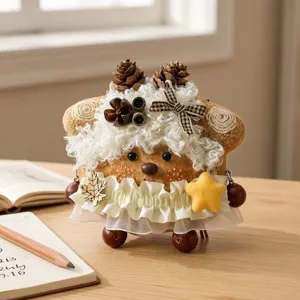 Handcrafted creative doll detail, cute plush sheep pendant with pinecone decor and lace skirt.
