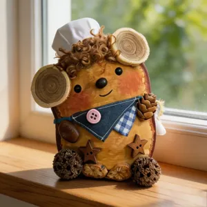 Handmade creative plush doll detail showcasing unique wood slice ears and cute pinecone decor.