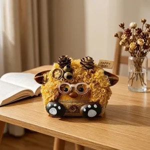 Handmade woolly sheep plush doll pendant detail view with creative pinecone and glasses decor.