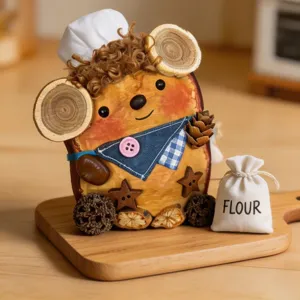 Close-up of handmade cute chef doll ornament with wood slice ears and pinecone decor on board.