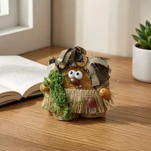 Handcrafted bean pod doll figurine, cute handmade DIY craft ornament for home desktop decor and gift.
