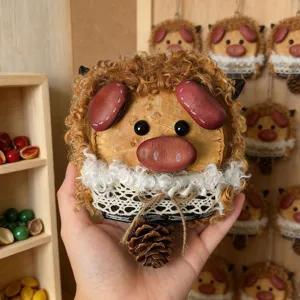 Handcrafted natural seed pod doll pendant, creative handmade charm with pinecone decor.