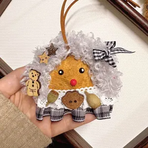 Handmade Yunnan Entada bean pod doll cute hanging ornament with fluffy wool hair and wooden charms.