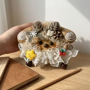 Handcrafted natural seed pod doll cute plush toy with lace collar and pinecone decor for gift