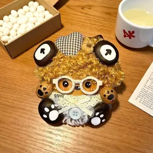 Detailed shot of handmade DIY natural bean pod doll craft with cute curly hair and accessories.