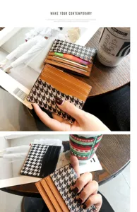 Detailed shot of houndstooth card holder with multiple slots, chic minimalist design.